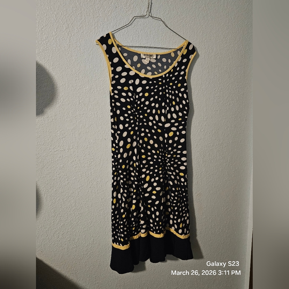 Studio I Navy Midi Dress with Yellow and White Polka Dots